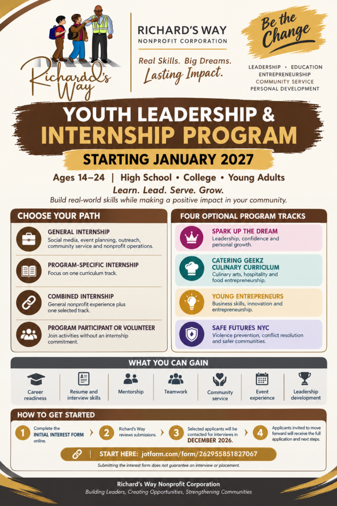 Richard's Way Youth Leadership & Internship Program flyer, starting January 2027